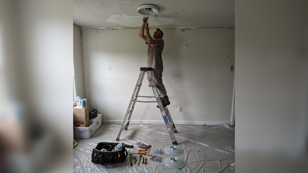 Handyman installing a ceiling light fixture in a residential room