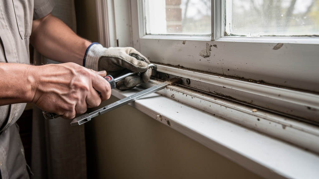 Handyman inspecting the balance and track of a residential window